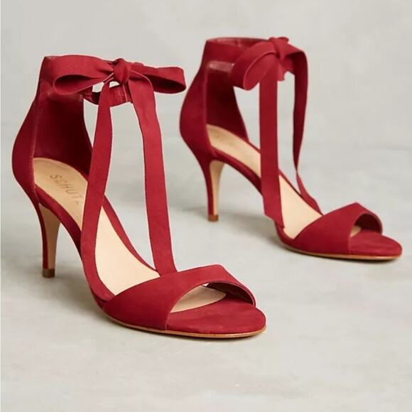 ANTHROPOLOGIE SCHUTZ TILAN ANKLE-TIE HEELS RED SUEDE SIZE 9 - Picture 1 of 9